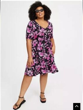 Torrid Black and Pink Floral Skater Dress - V-Neck